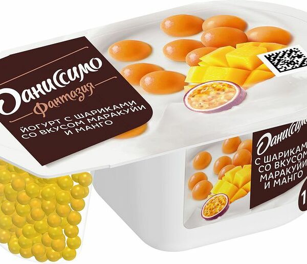 Йогурт Даниссимо Фантазия со вкусом маракуйя и манго с хрустящими шариками, 6.9% 105 г