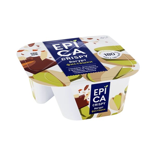 Йогурт Epica Crispy с фисташками 10,5% и смесь из семян подсолнечника, орехов и темного шоколада