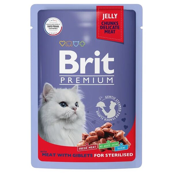 Корм для стерилизованных кошек влажный Brit Premium Мясное ассорти с потрошками в желе