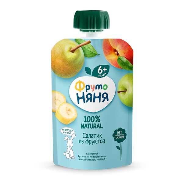Пюре ФрутоНяня салатик из фруктов Яблок, банан, груша и персик с 6 месяцев 90 г