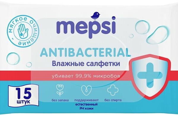 Салфетки влажные Mepsi очищающие антибактериальные 15 шт 