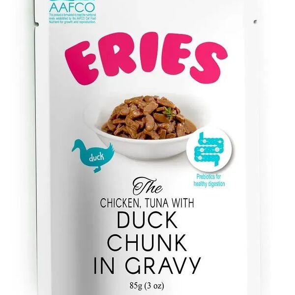 Влажный корм Pettric ERIES для любых кошек Утка с курицей и тунцом, кусочки в соусе 85г