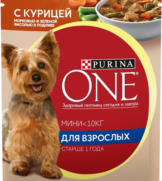 Корм влажный Purina One Adult с курицей, морковью и зеленой фасолью для взрослых собак мелких и карликовых пород 85г