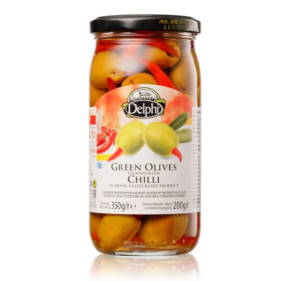 

Оливки Delphi зеленые фаршированные перцем чили в рассоле 350г Греция