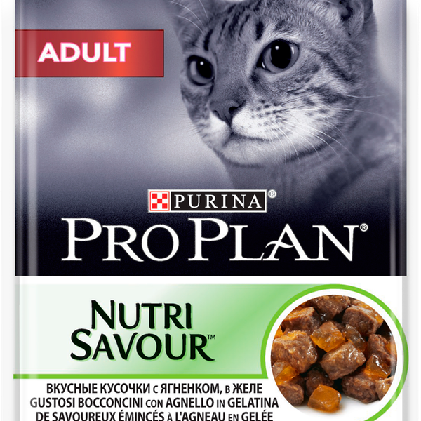 Корм консервированный для взрослых кошек PURINA PRO PLAN Nutri Savour с ягненком, кусочки в желе, 85г
