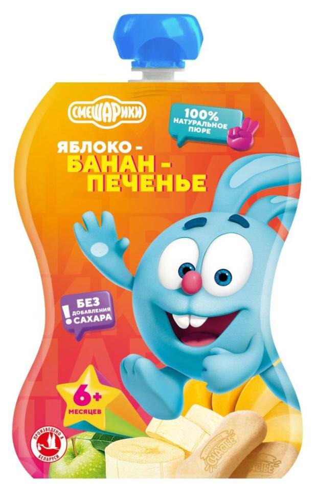 

Пюре фруктовое Маленькое счастье Смешарики яблоко банан печенье с 6 месяцев 85 г