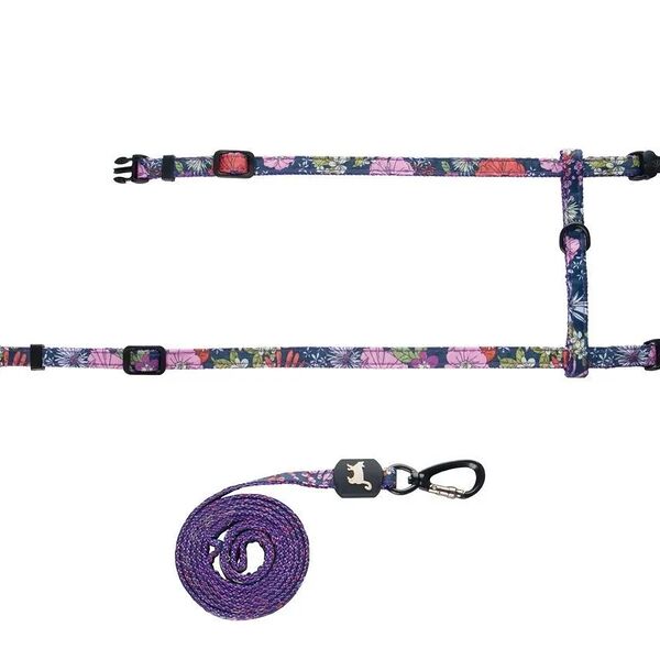Шлейка для кошек Zoo One Цветы фиолетовая, 10мм 20х30/25х40 см с поводком 120см