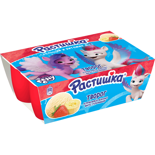 Творог Растишка Клубника-банан со вкусом Пломбир 3,5%, 6×45 г