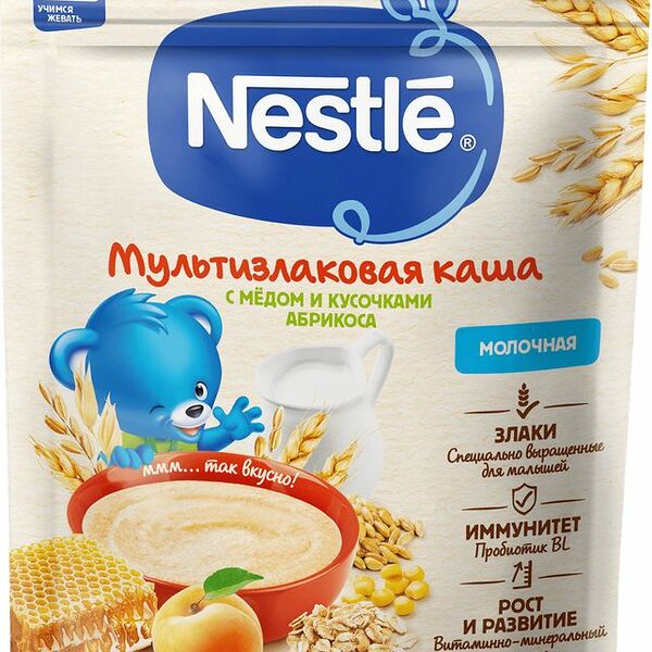 Каша молочная Nestlе мультизлаковая с мёдом и кусочками абрикоса с 9 мес.