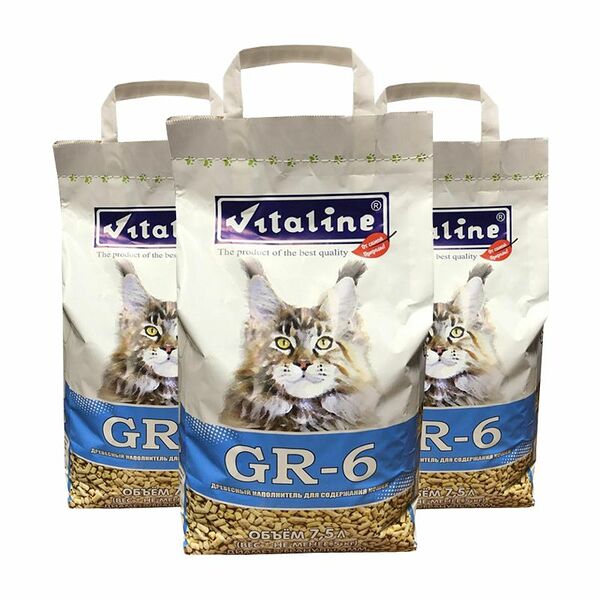 Наполнитель для кошачьего туалета VITALINE GR-6 для крупных кошек древесный, 3 упаковки по 7.5 л