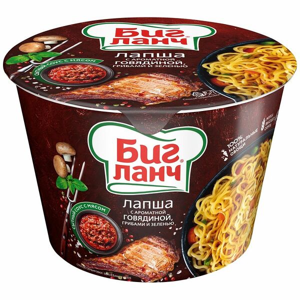 Лапша Биг Ланч с говядиной, грибами, зеленью, 90г