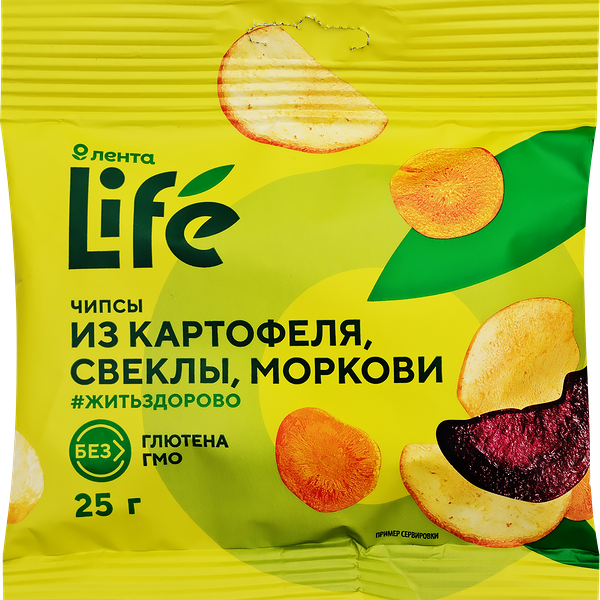 Чипсы овощные хрустящие ЛЕНТА LIFE Картофель, свекла и морковь, 25г