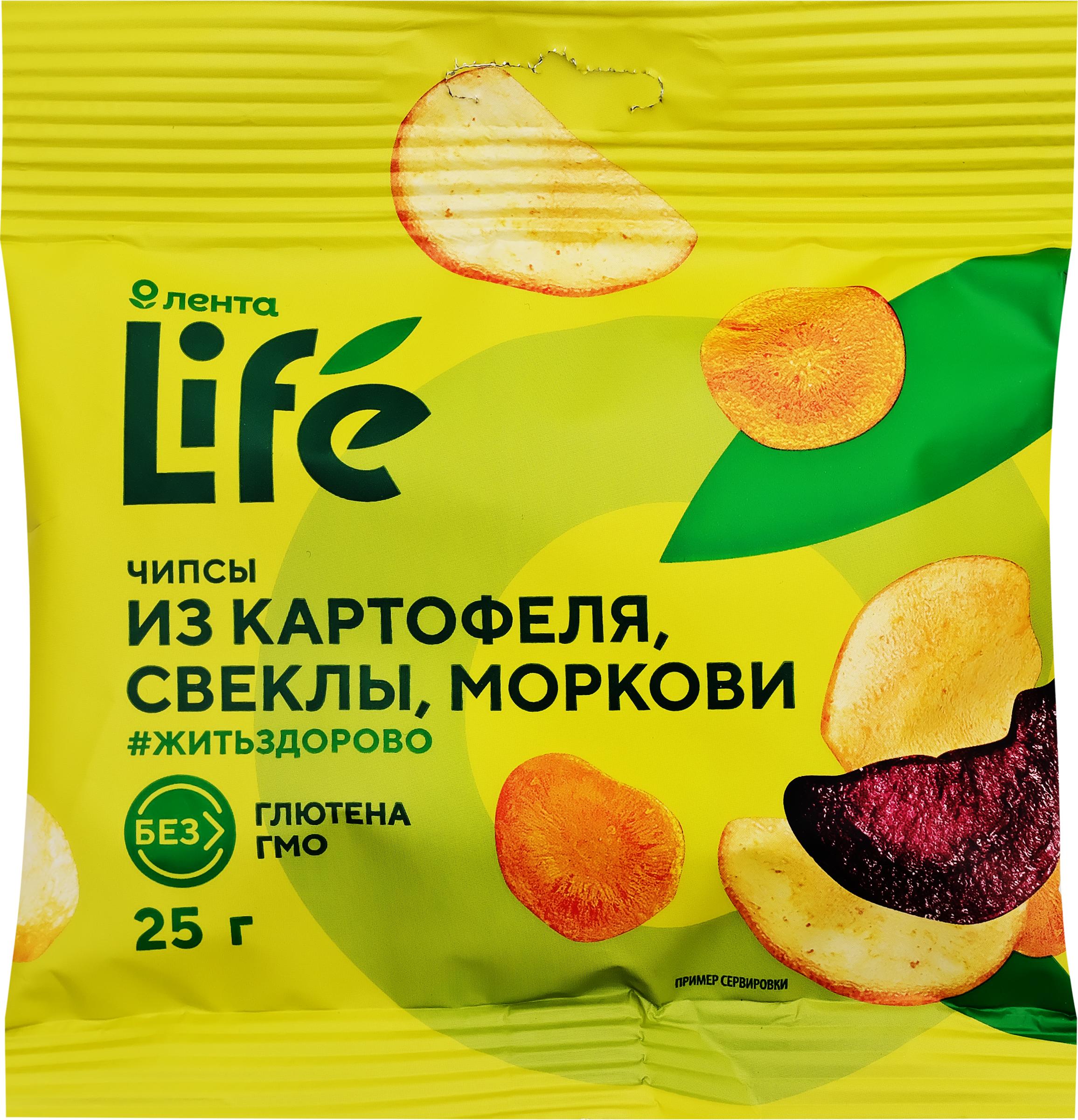 

Чипсы овощные хрустящие Лента Life Картофель, свекла и морковь 25 г