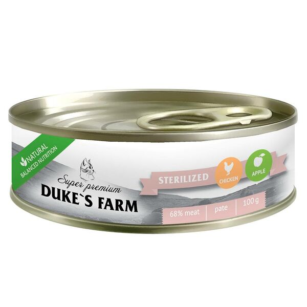 Корм для кошек DUKE'S FARM для стерилизованных, паштет курица, яблоко банка