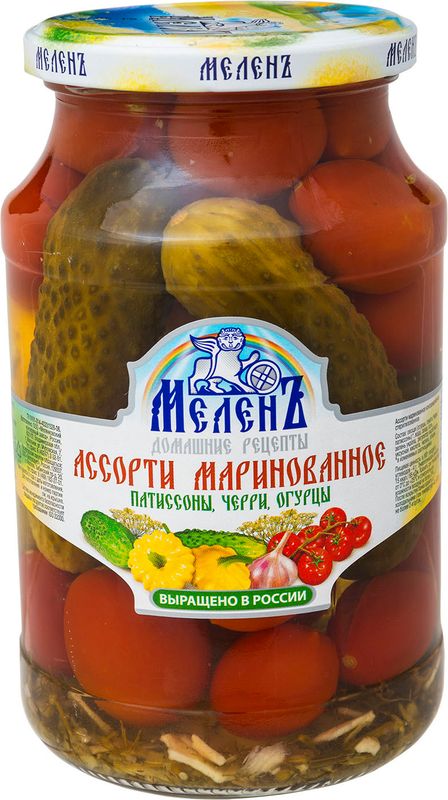 

Ассорти маринованное МеленЪ патиссоны, черри, огурцы 900 г