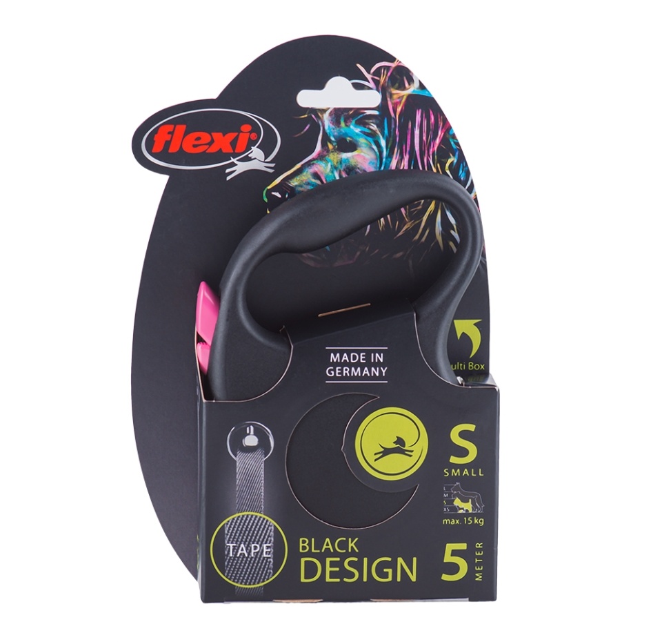 

Рулетка Flexi Black Design S, до 15 кг, 5 м, лента, черный/розовый Германия