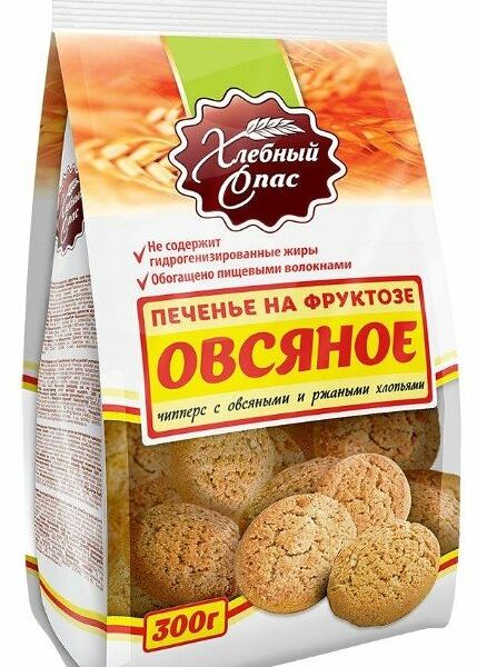 Печенье Хлебный Спас овсяное чипперс с овсяными и ржаными хлопьями на фруктозе