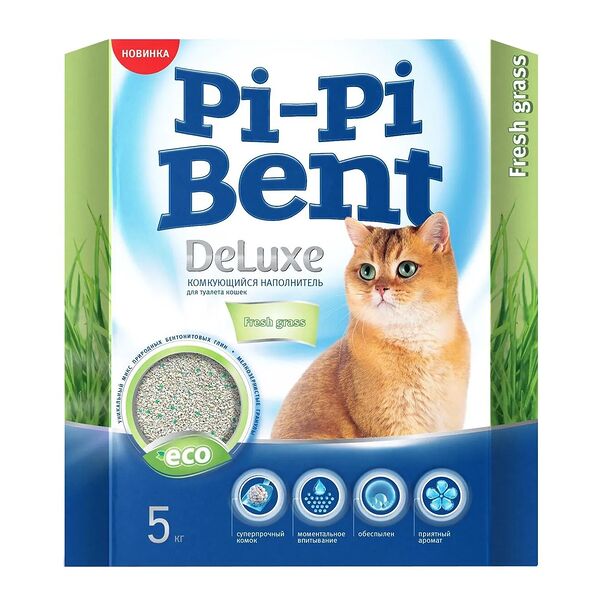 Наполнитель для кошек Pi-Pi-Bent DeLuxe Fresh grass комкующийся, 5 кг