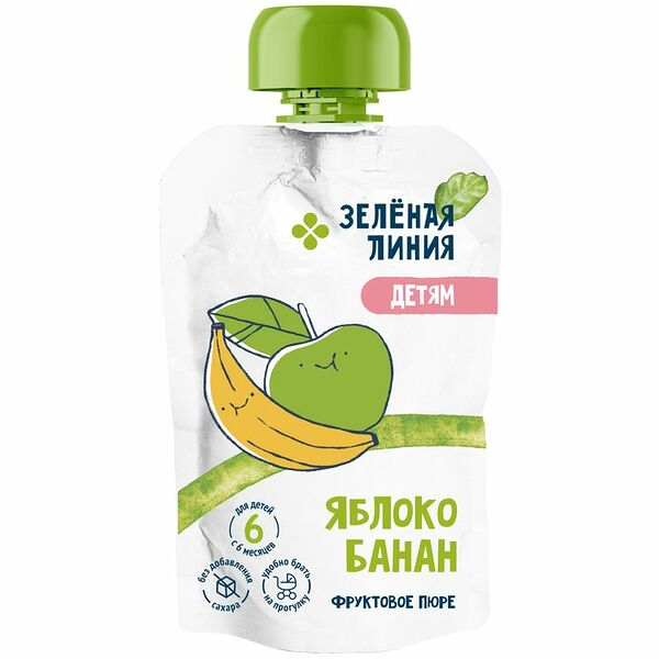 Пюре из яблок и банана с 6 месяцев Зелёная Линия, 90г