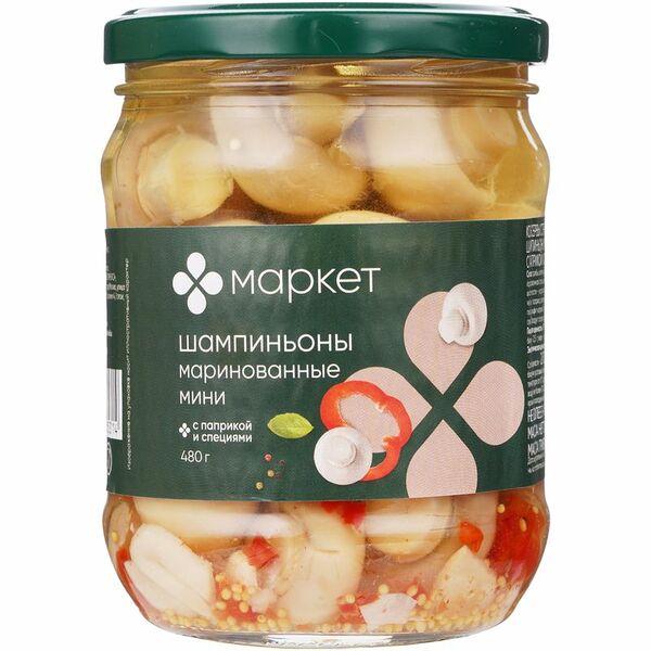 Шампиньоны маринованные мини с паприкой и специями Маркет, 480г