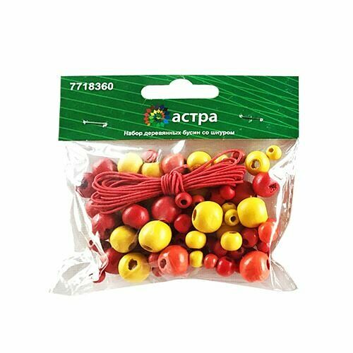 160814 Набор деревянных бусин со шнуром, красный микс, 6,8,10,12мм, 90шт/упак, Astra&Craft.
