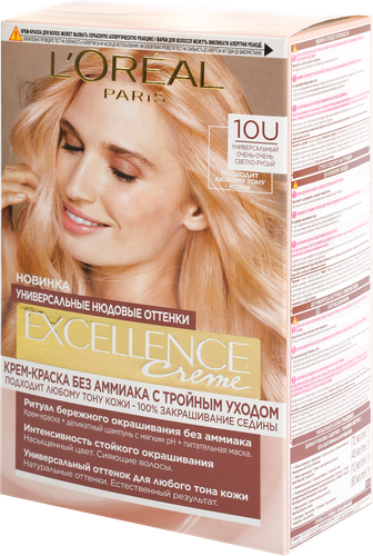 

Крем-краска L'Oreal Paris для волос без аммиака "Excellence Crème Универсальные Нюдовые Оттенки", оттенок 10U, универсальный очень-очень светло-русый 192 мл