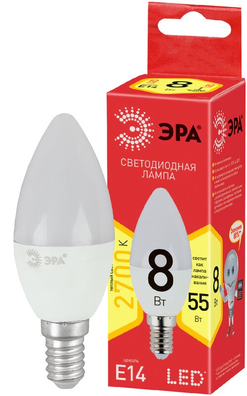 

Лампа светод Эра свеча LED В35-8W-827-E14R