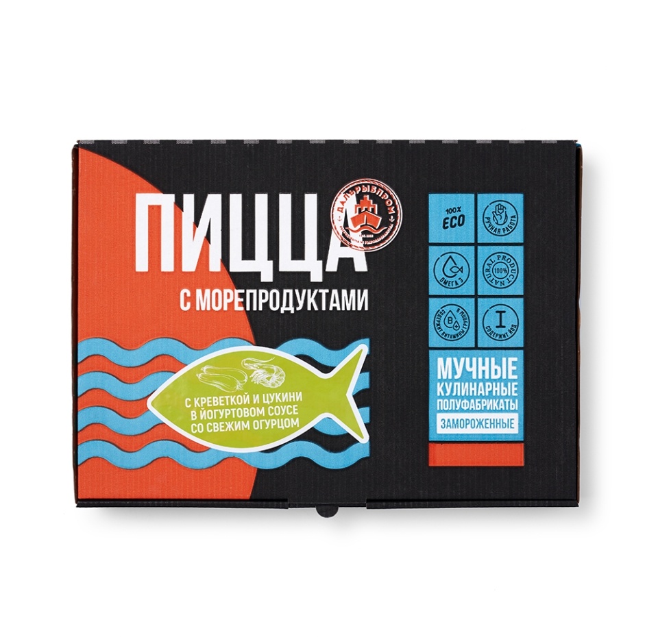 

Пицца Дальрыбпром с креветкой и цукини в йогуртовом соусе со свежим огурцом 430 г, Россия