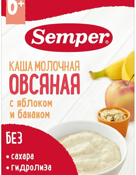 Каша Semper Овсяная с яблоком и бананом молочная с 6 месяцев 180г