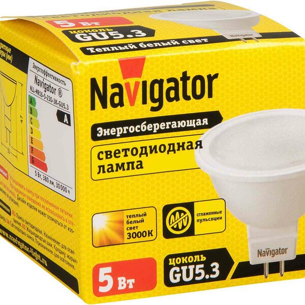 Лампа светодиодная Navigator GU5.3 230В 3000К теплый белый свет, рефлектор, 5 Вт