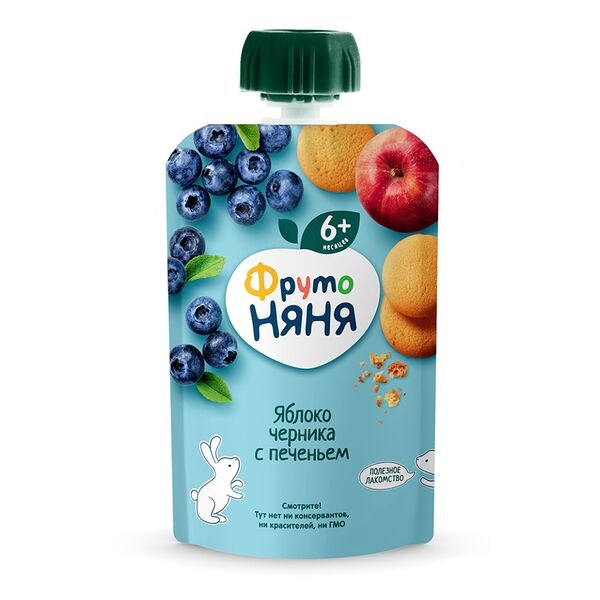Пюре ФрутоНяня из Яблок и черники с печеньем, 90 г