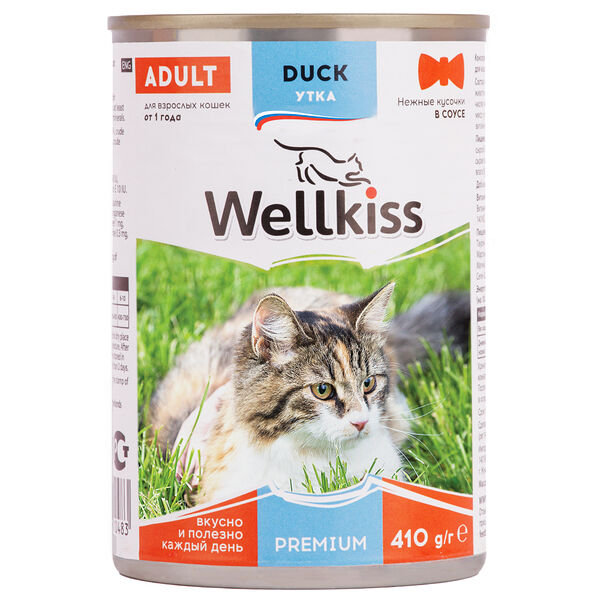 Adult консервированный корм Wellkiss для взрослых кошек, с уткой в соусе