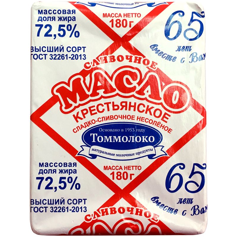

Масло сладко-сливочное ТомМолоко крестьянское 72.5% 180 г
