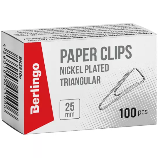 Скрепки 25мм 100шт никелированные треугольные с отогнутым носиком карт. упак. BK2510n Berlingo