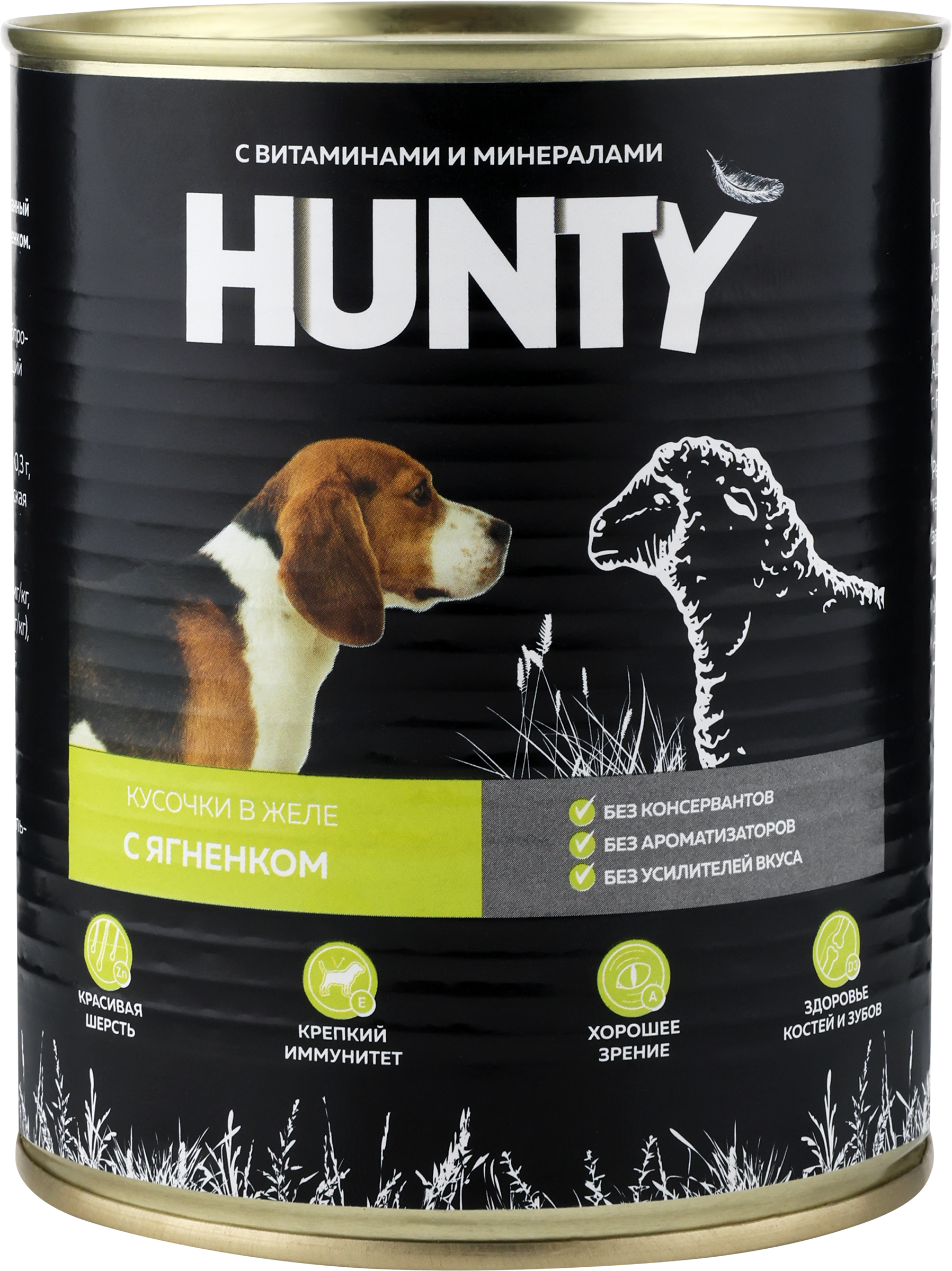 

Корм консервированный для собак HUNTY сочные кусочки в желе с ягненком, 850г