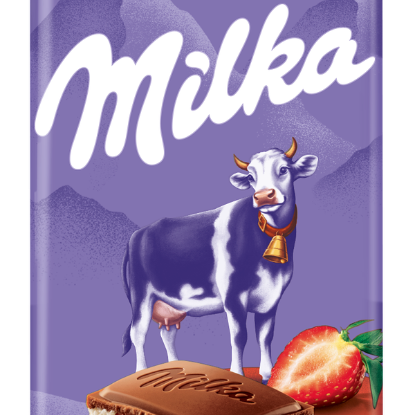 Шоколад молочный MILKA с двухслойной начинкой, клубничная и сливочная