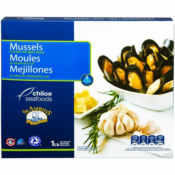 Мидии St.Andrews чилийские в раковине в чесночно-сливочном соусе замороженные, 500г