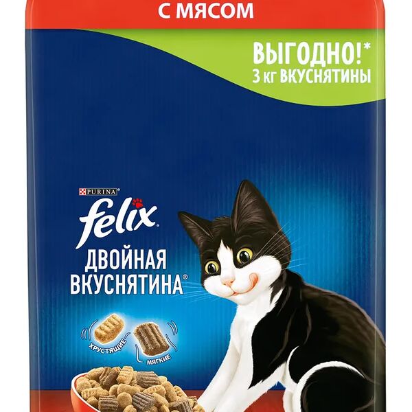 Сухой корм Felix Двойная Вкуснятина для взрослых кошек, с мясом, Пакет, 3 кг