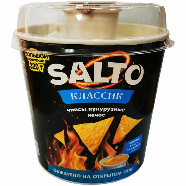 Чипсы кукурузные Salto Nachos с соусом и салфеткой, 220г