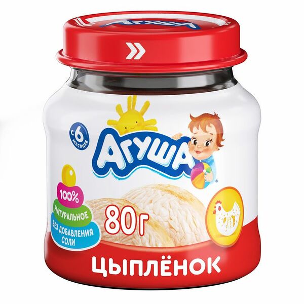 Пюре мясное Агуша Цыпленок 6% с 6 месяцев, 80г