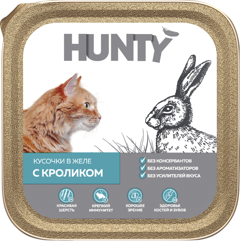 

Корм консервированный для взрослых кошек Hunty с кроликом, кусочки в желе, 100 г