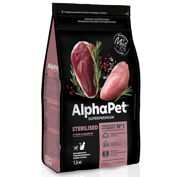 Сухой корм AlphaPet Superpremium для для взрослых стерилизованных кошек и котов Утка и индейка 1.5 кг
