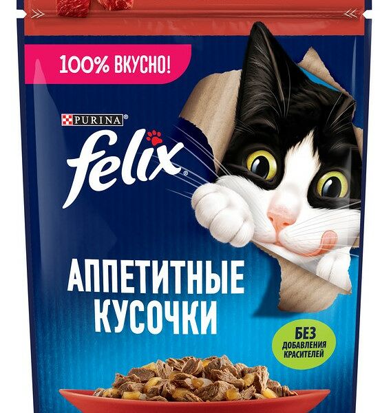 Корм Felix Аппетитные кусочки говядина в желе консервированный для взрослых кошек, 75г