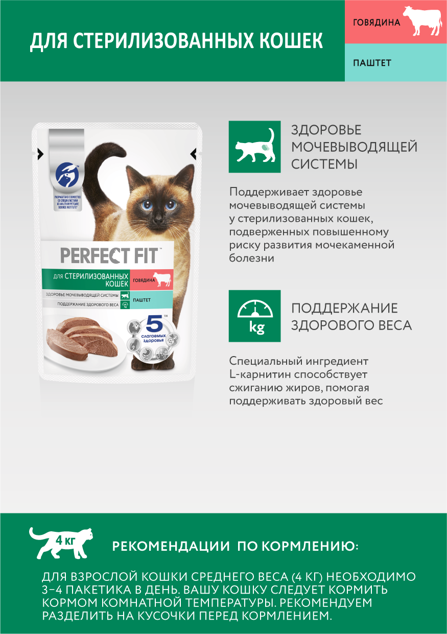 

Влажный полнорационный корм Perfect Fit паштет с говядиной для стерилизованных кошек 75 г
