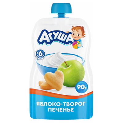 Детское фруктово-молочное пюре Агуша Яблоко-Творог со вкусом печенья в мягкой упаковке, с 6 месяцев, 90г