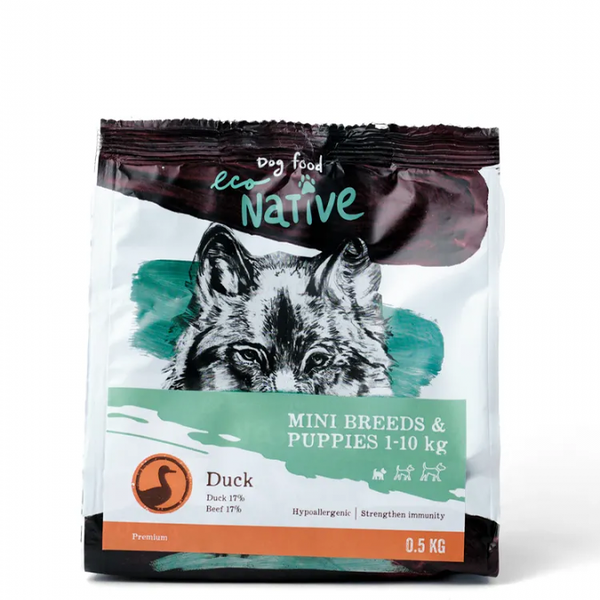 Сухой корм для собак мелких пород и щенков EcoNative premium с уткой, 500 г