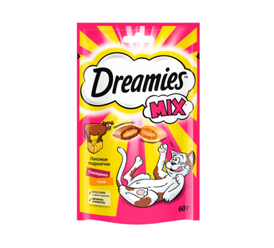 Лакомство для кошек DREAMIES MIX (Микс) говядина, сыр 60г (упаковка - 6 шт)