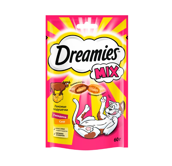 Лакомство для кошек DREAMIES MIX (Микс) говядина, сыр 60г (упаковка - 6 шт)