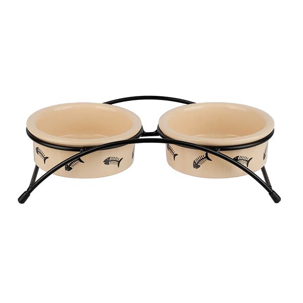 Миска керамическая двойная для кошек на подставке 2х250 мл, бежевая с рыбкой