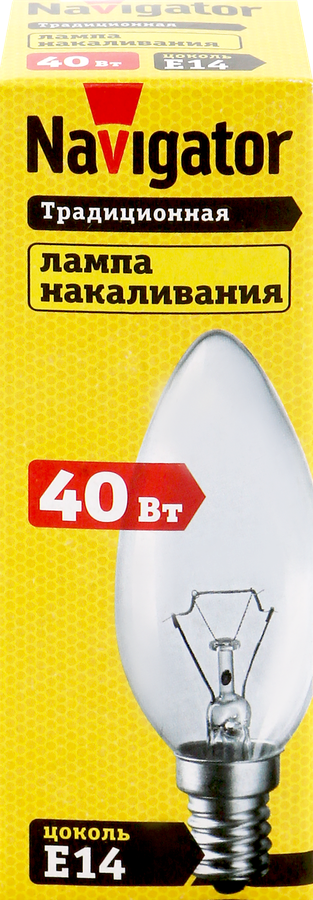 

Лампа накаливания Navigator 40Вт Е14, прозрачная, свеча